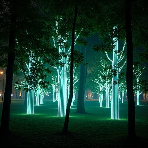 公園の木々に設置されたバイオ・ルミネセンス風のLEDアート